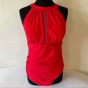 Mesh Detail Ruched Swimsuit Red Size XL (16-18)
